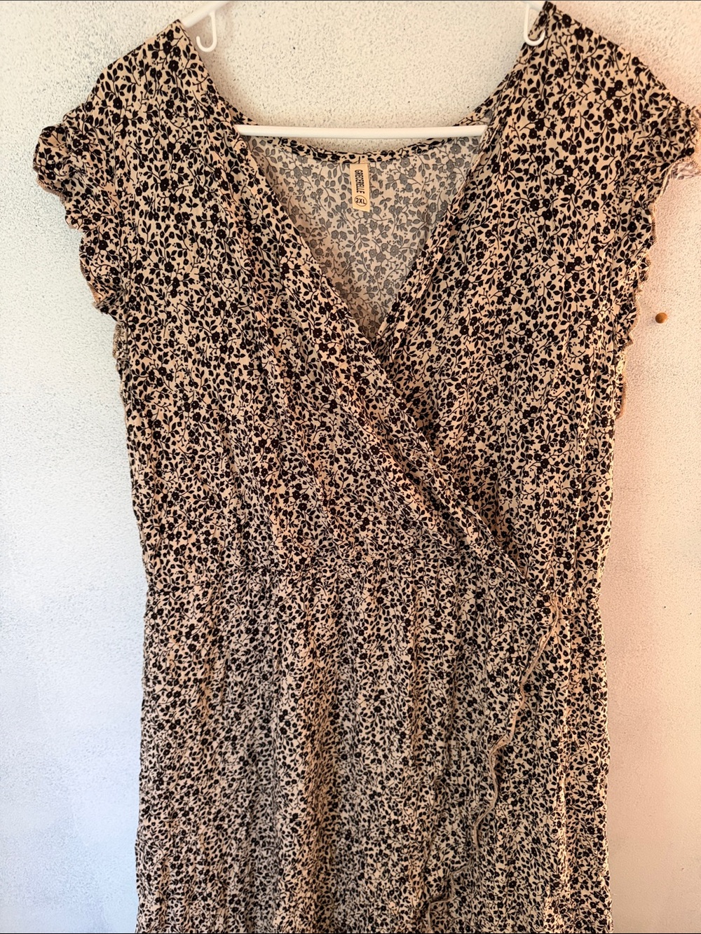 Floral Print High-Low Wrap Dress in Beige and Black